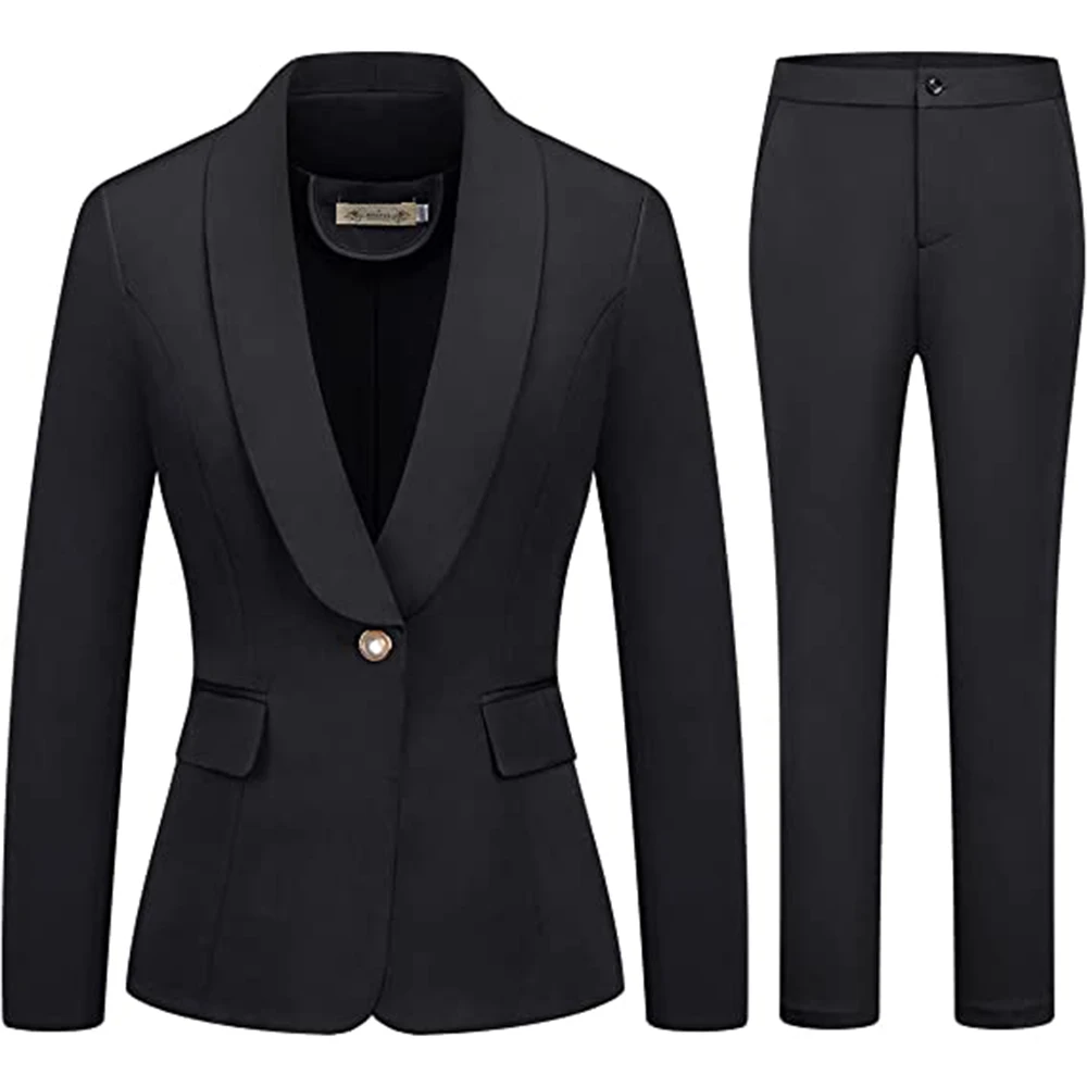 Women's 2 Piece Business Suit Set One Button Solid Color Blazer Trouser-Suit One Button Office Suit For Women
