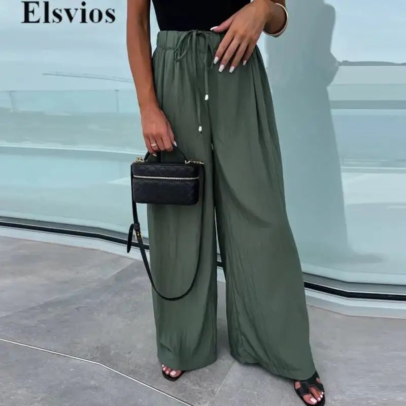 

Fashion Women Solid Color Wide Leg Trousers High Street Lady Office Baggy Pant Temperament 2024 Drawstring Mid Waist Long Pants