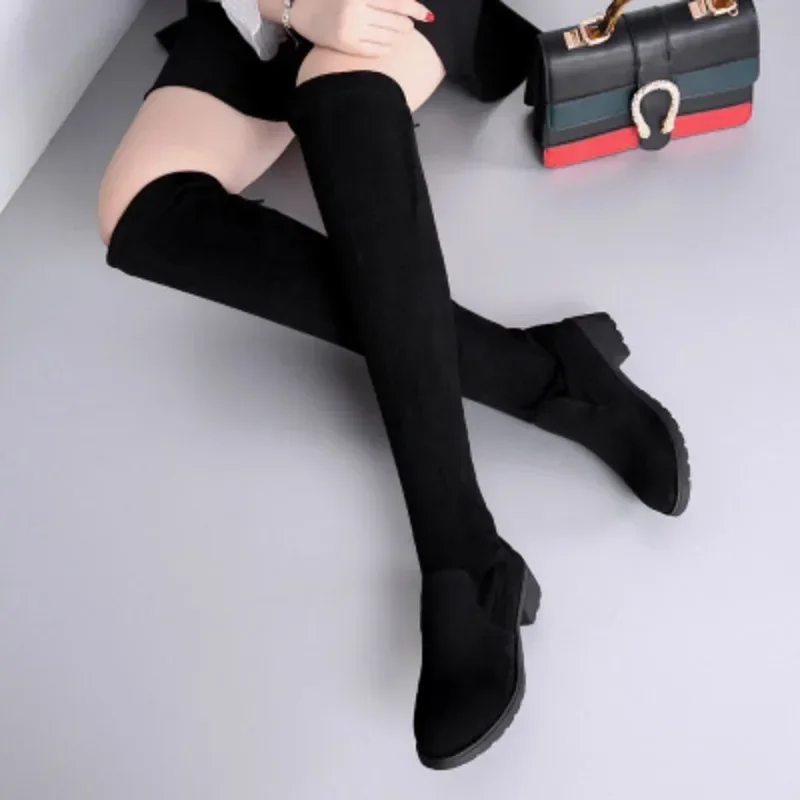 Women Boots Winter Black Over The Knee Boots New Comfort Lace Up Chunky High Heels Shoes Fashion Warm Suede Round Toe