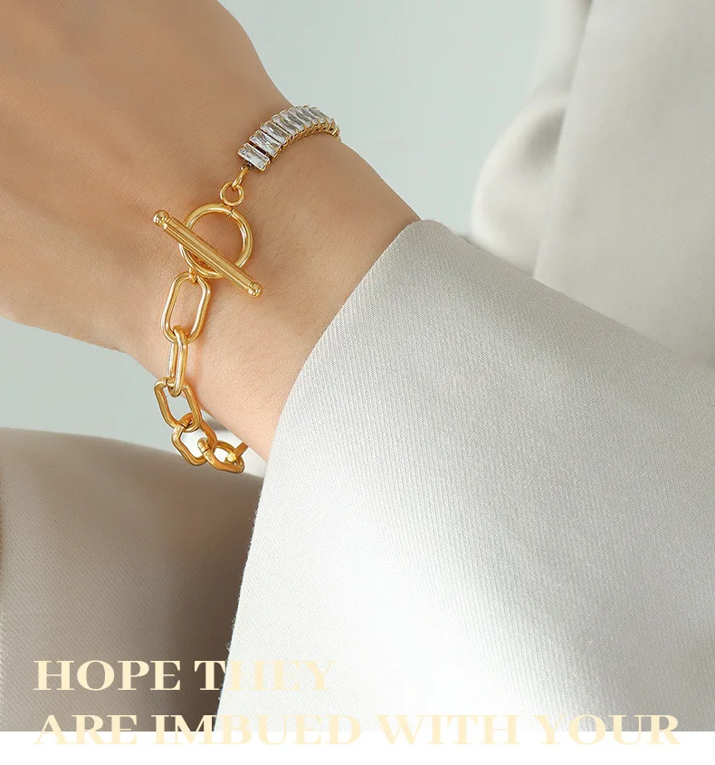 Quadratische Zirkon Edelstahl Halskette Armband für Frauen vergoldet wasserdicht OT Schnalle Halsband Kette Schmuck Geschenk – Detail 6