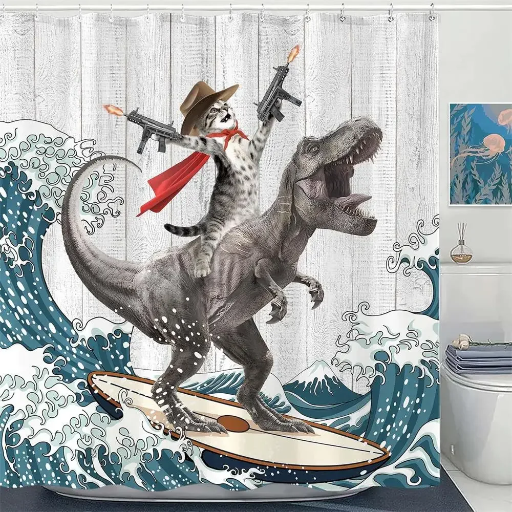 Funny Cat Dinosaur Shower Curtain Fishing Japanese Ocean Wave Rustic Wood Farmhouse Fabric Kids Bath Curtains for Bathroom Decor 2