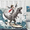 Funny Cat Dinosaur Shower Curtain Fishing Japanese Ocean Wave Rustic Wood Farmhouse Fabric Kids Bath Curtains for Bathroom Decor 2