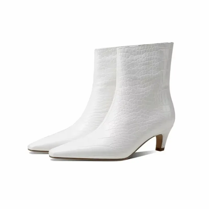 Brown Small Square Toe Short Boots Autumn and Winter New Curved Cat Heel Women's Boots High Heel Sleeve Wide Ankle