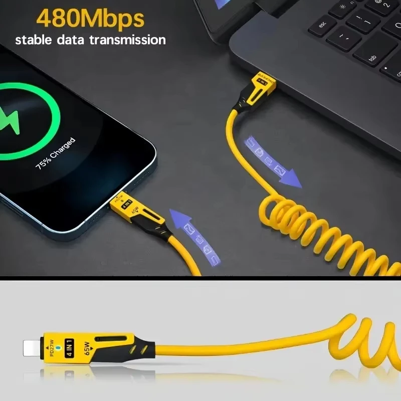 4 in 1 65W 스프링 숏 데이터 케이블 6A USB 타입 C 스프링 텔레스코픽 퀵 충전 케이블 스프링 USB 케이블 (아이폰 15 14 13 12 호환)