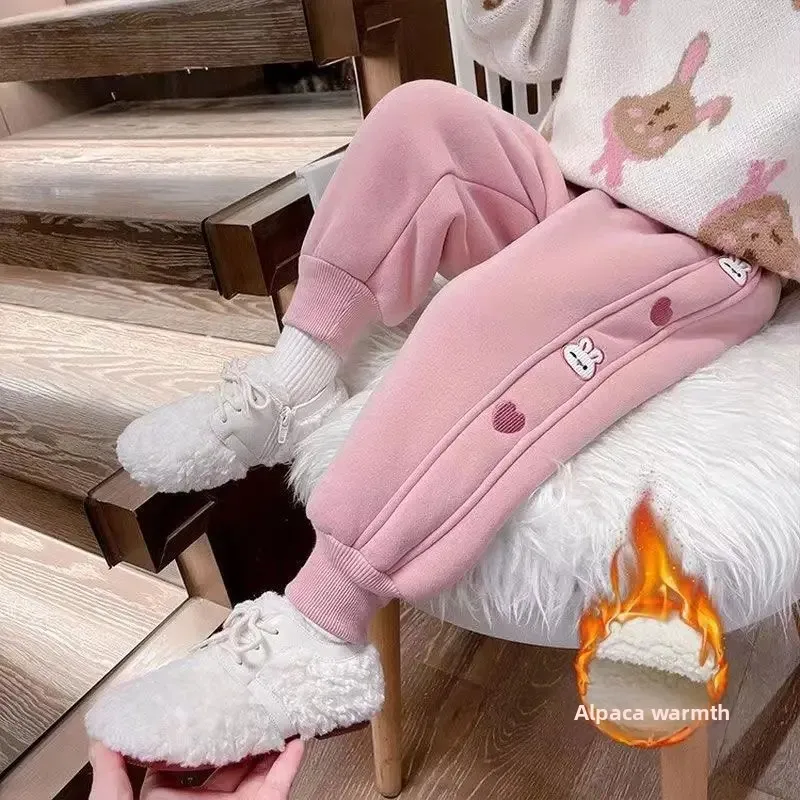 سراويل رياضية للأطفال من الصوف السميك سراويل قطنية شتوية دافئة للفتيات سراويل رياضية غير رسمية مع حاشية سفلية مرنة