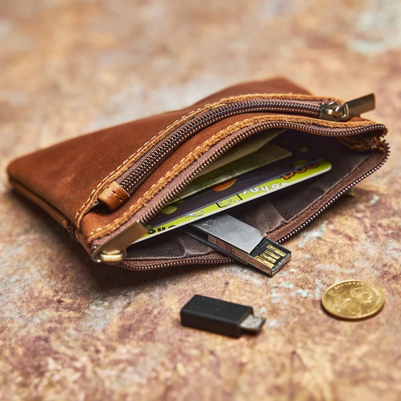 Genuine Leather Coin Wallet Mini Zip Small Cowhide Card Case Ladies Men's