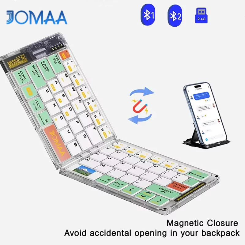 JOMAA 접이식 블루투스 키보드, PU 가죽 커버가 있는 2.4G 무선 접이식 키보드, 아이폰 아이패드 스마트폰 태블릿용