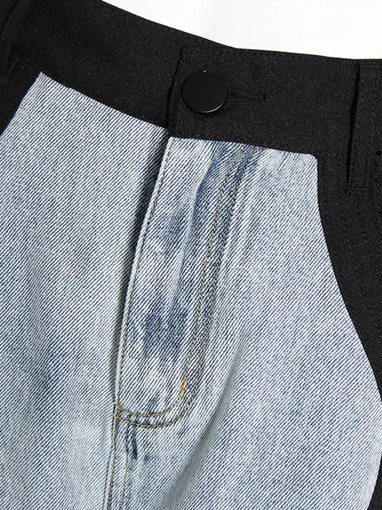 Color Block Design Fashion Women Jeasn High Waist Black Blue Wave Spliced Design Straight Tube Wide Leg Denim Pants Tide Autumn