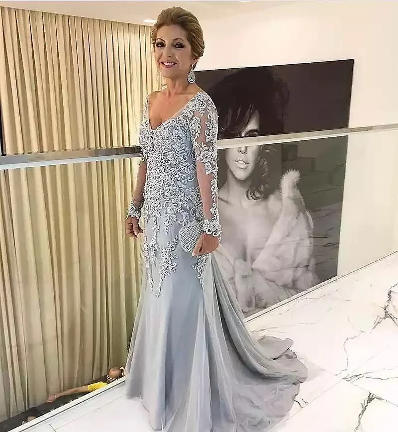 Mermaid Mother Of The Bride Dress Long Sleeve Beaded Tulle Satin Groom Mother Dress Plus Size Wedding Party Guest Gown mother bride dresses