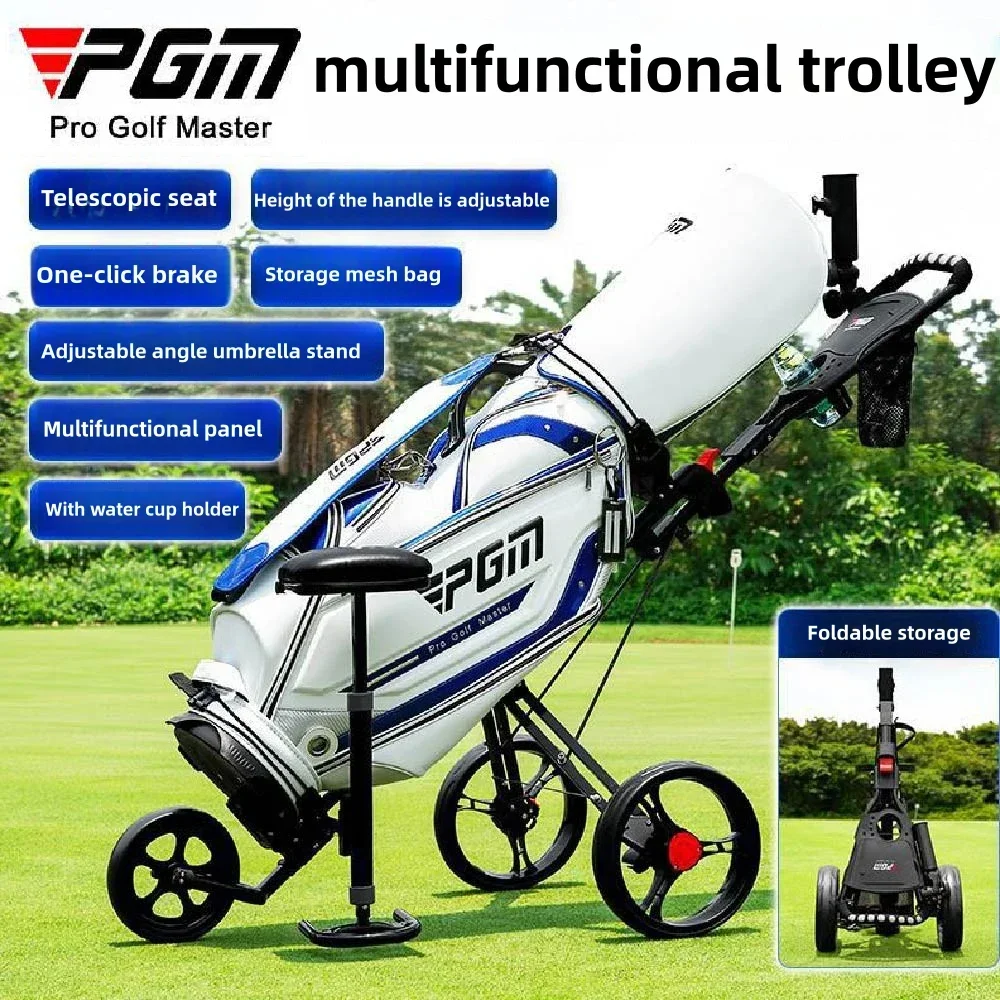 Golf Cart 3 Wheels, Golf Bag Cart Foldable, with Cup Holder with Seat, Compact Pull Car