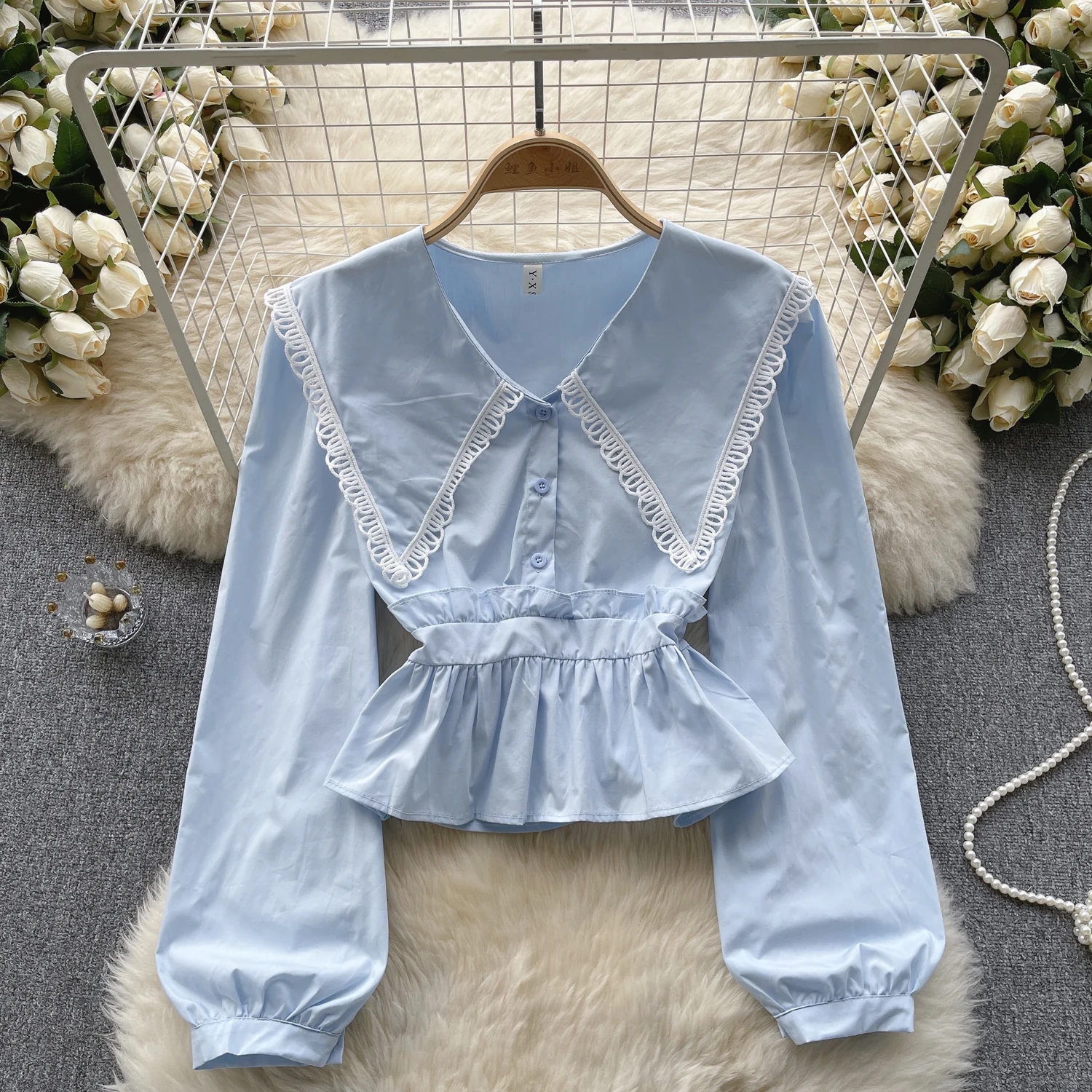 

Fashion sweet lapel blouse women lace long sleeve top