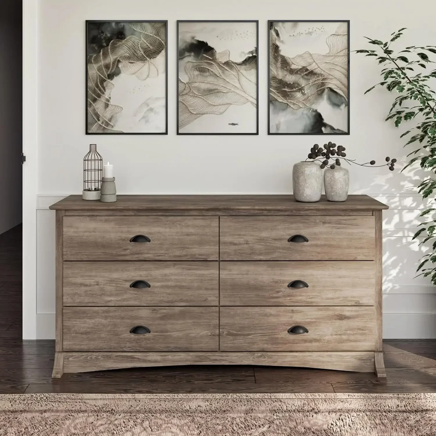NEW-Salt Spring Bedroom Furniture: Gray Double Dresser for Bedroom, 6-Drawer Wide Chest of Drawers