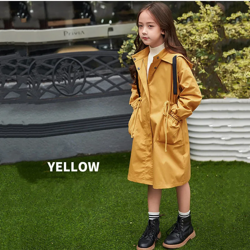 Nieuwe Hooded Lange Jas Meisjes Effen Kleur Windjack Tiener Herfst Casual Kinderen Jas Tiener Kids Meisjes Kleding 6 8 10 12Y