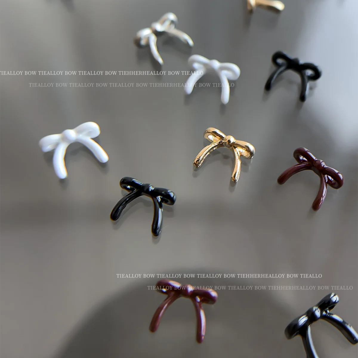 10PCS Black white Glossy Simple Cute Ribbon Mini Bow Tie Gold Silver Alloy Nail Art Rhinestones Decorations Manicure Ornaments 3