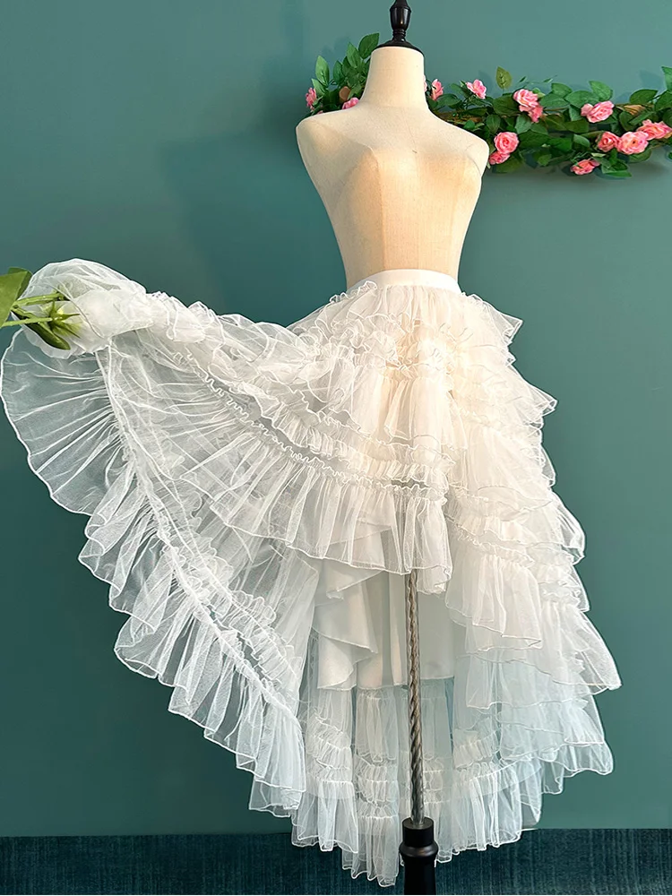 Gothic Sweet Lolita Style Lace Sheer Mesh Cake Princess Skirts Women Girls Japanese Ruffled High Low Asymmetrical Underskirt