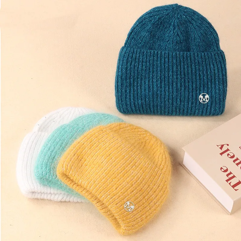 

Glitter Sequins Real Rabbit Fur Knitted Hat Fashion Women Letter M Winter Skullies Beanies Lady Warm Walking Bonnet Beanie