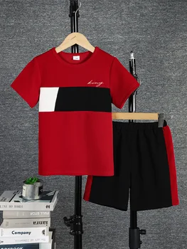 2pcs Casual Color block Short Sleeve T-shirt & Shorts Set 1