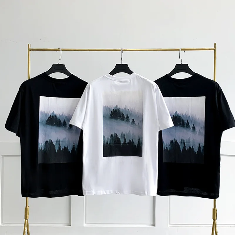 

Men Oversized Essentials T-Shirt Back Landscape Print T-Shirts Summer Streetwer Tees Hip-Hop Loose 100% Cotton T Shirts