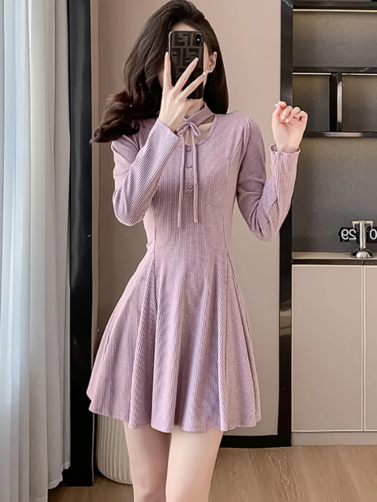 

Autumn Winter Purple Knitted Short Sweater Dress Women Chic Bow Elegant A-Line Dress 2023 Korean Vintage Bodycon Casual Dresses