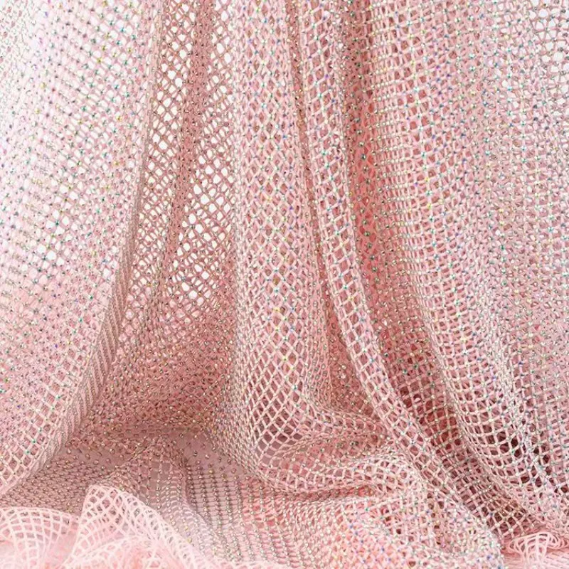 Luxurious High Gloss Elastic Diamond Mesh Fabric with Satin Belt Trim for DIY High-End Dressmaking
