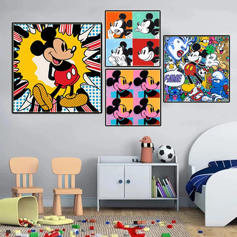 

Cartoon Creative Black & White Mickey Mouse Poster Disney Graffiti Art Canvas Painting Prints Wall Pictures for Kids Room Decor