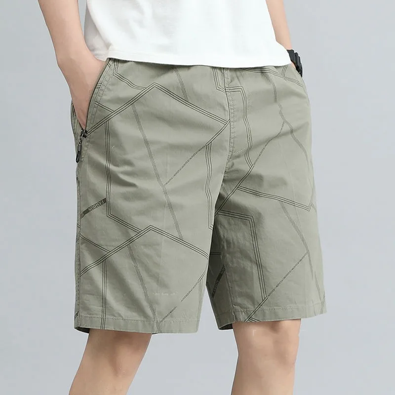 Minimalist and Fashion Korean Summer Pinstripe Geometric Men's Elastic Waist Zipper Pocket Casual Loose Knee Length Shorts