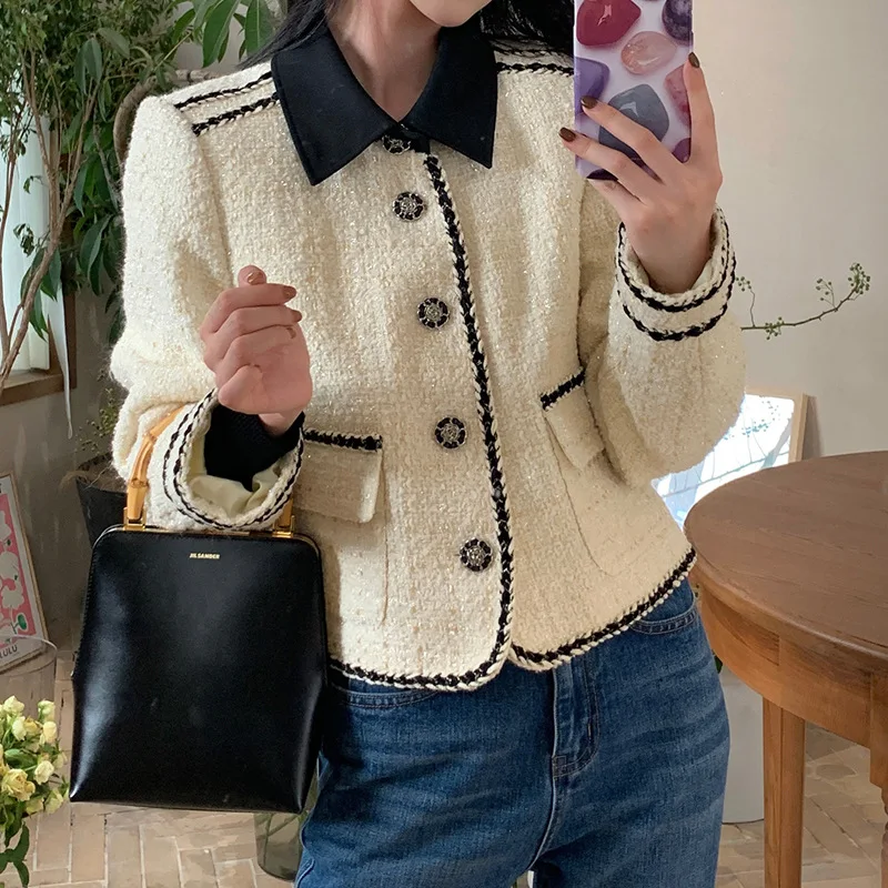 

Fragrant Runway Autumn Women's Suit Jacket Korean Elegant Turn Collar High Quality Stitching Tweed Wool Blazers Coat Outwear