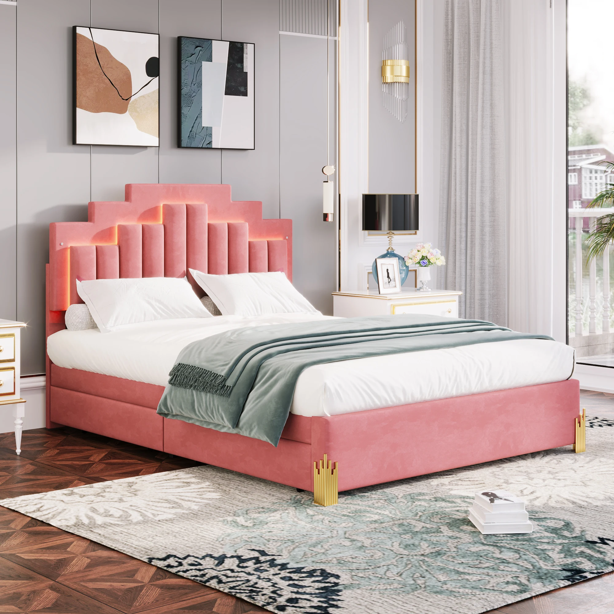 

Двуспальная кровать с мягкой платформой со светодиодной подсветкой и 4 выдвижными ящиками, стильный нестандартный дизайн, розовый цвет