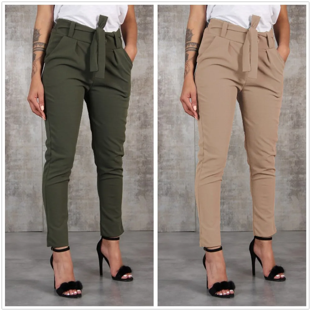 Women High Waist Slim Solid Trousers Cotton Polyester