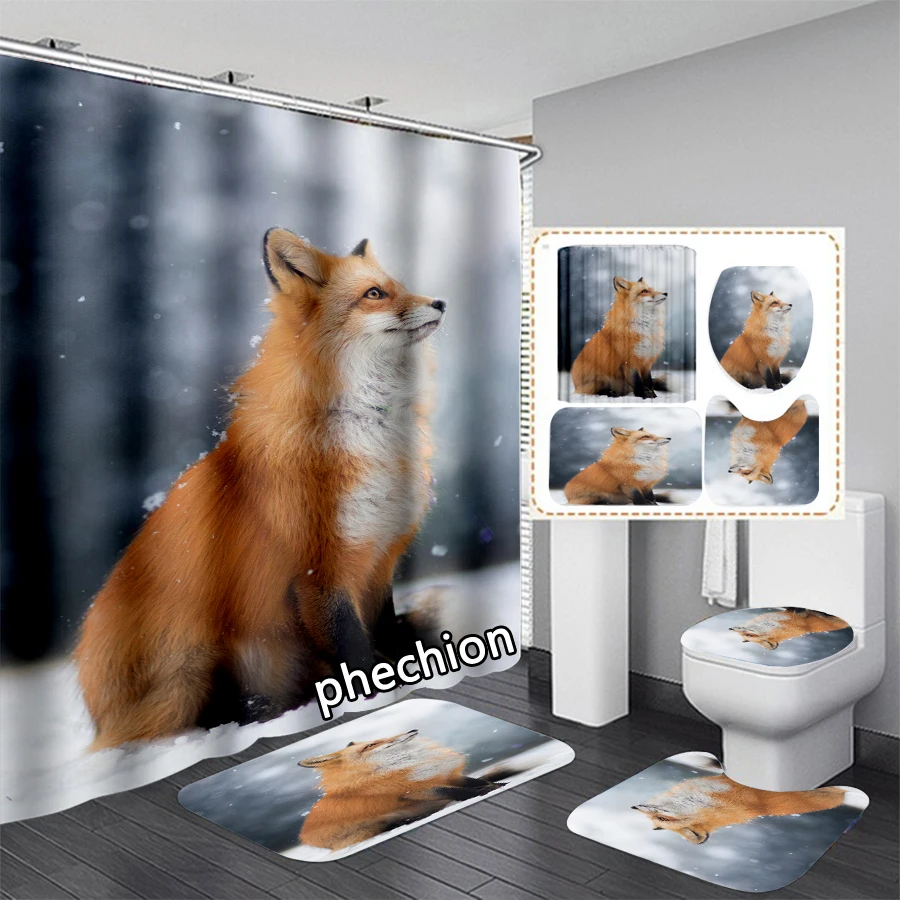 

Занавеска для душа phechion VR204, водонепроницаемая занавеска для ванной с 3D принтом животных, лиса снега, Противоскользящий коврик для ванной комнаты