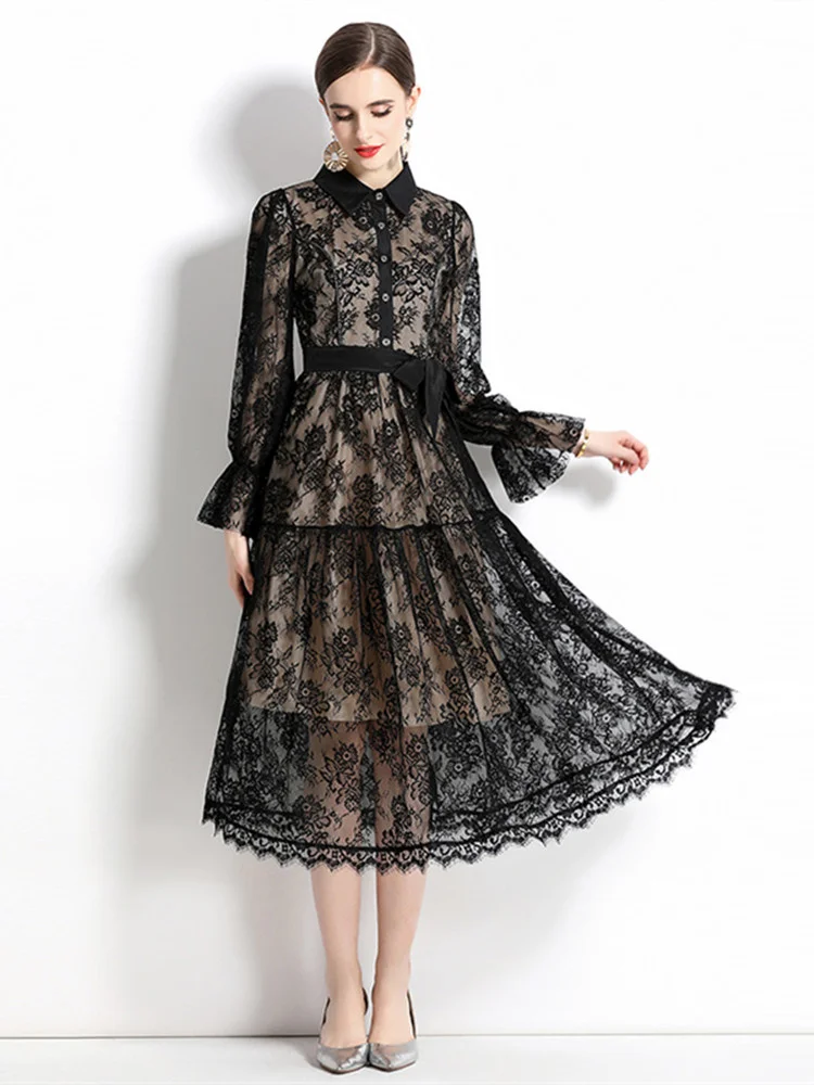 

JAMERARY Summer Black Lace Shirt Dress For Women's Elegant Flare Sleeve Crochet Flower Single Breasted Midi Prom Dresses Party