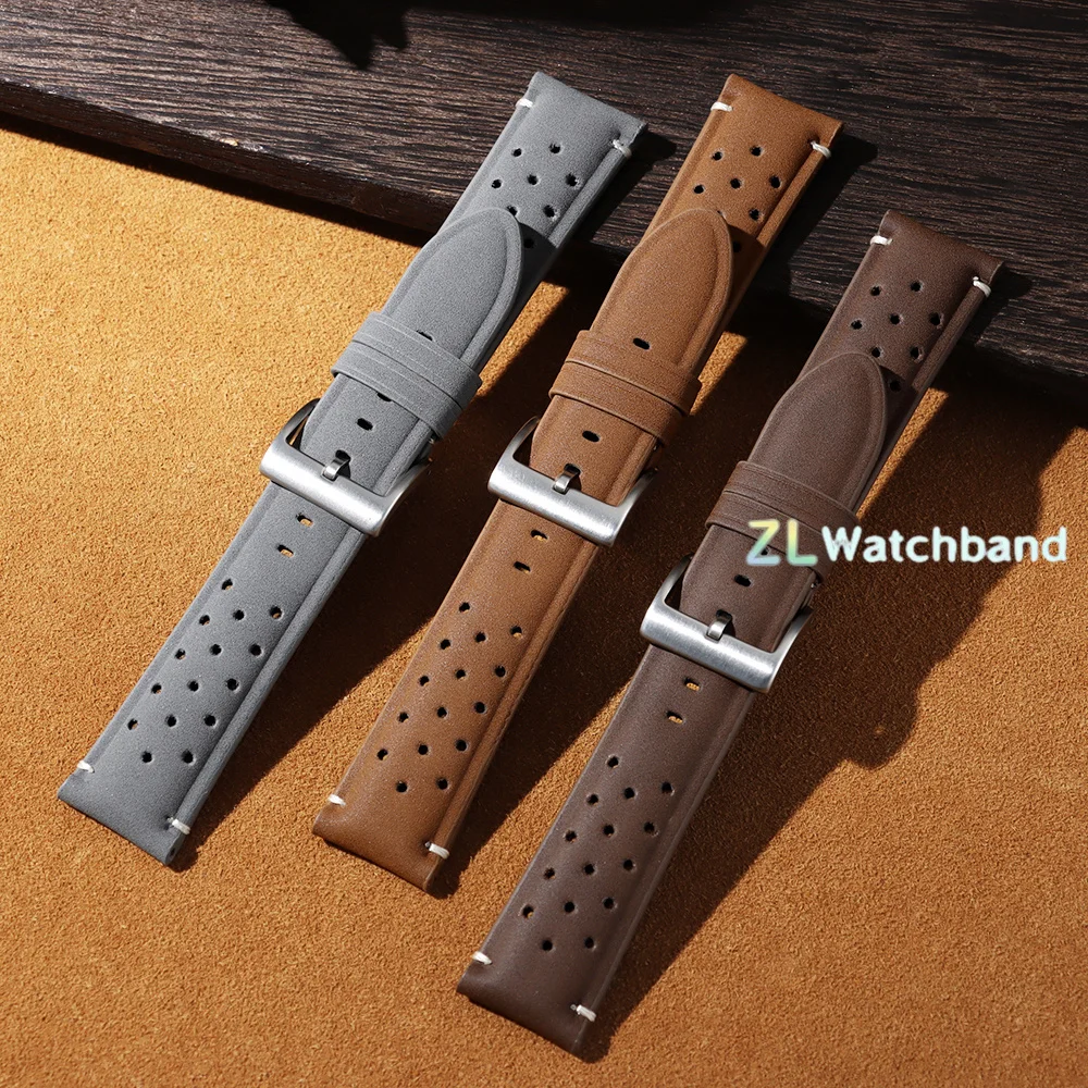 Vintage Matte Leather Racing Watch Straps - Gray, Black, Brown Porous and Breathable Men’s Watchband