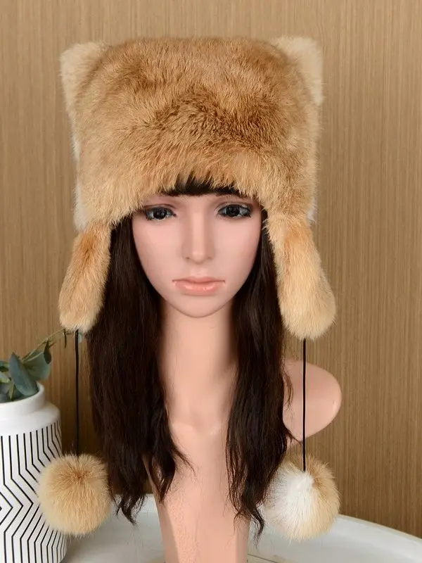 Winter Echte Kaninchenfell-Mützen für Frauen Russische Uschanka-Kappe Unisex Warme Schneemütze mit Ohrenklappe – Detail 21