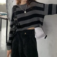 New Korean Style Striped Cropped Sweater Women Vintage Oversize Knit Jumper Female Autumn Long Sleeve O-neck Pullovers Tops - Image 5