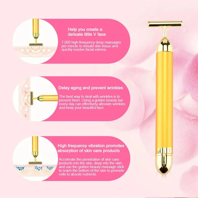 24K Gold T Beauty Bar Energy Roller Electric Face-lifting Facial Massage Beauty Instrument Waterproof Vibrating Face Care Stick 5