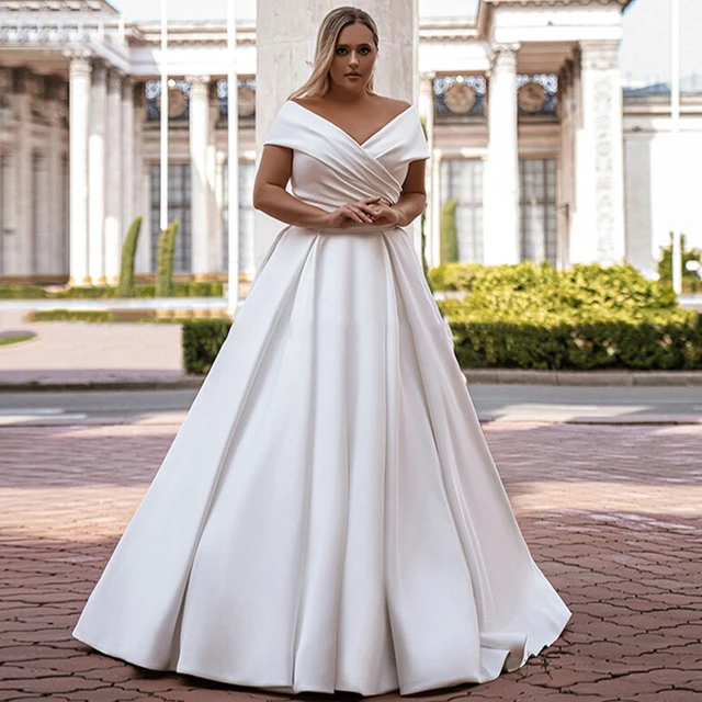 Simple A Line Deep V Neck High Slit Satin Wedding Dress