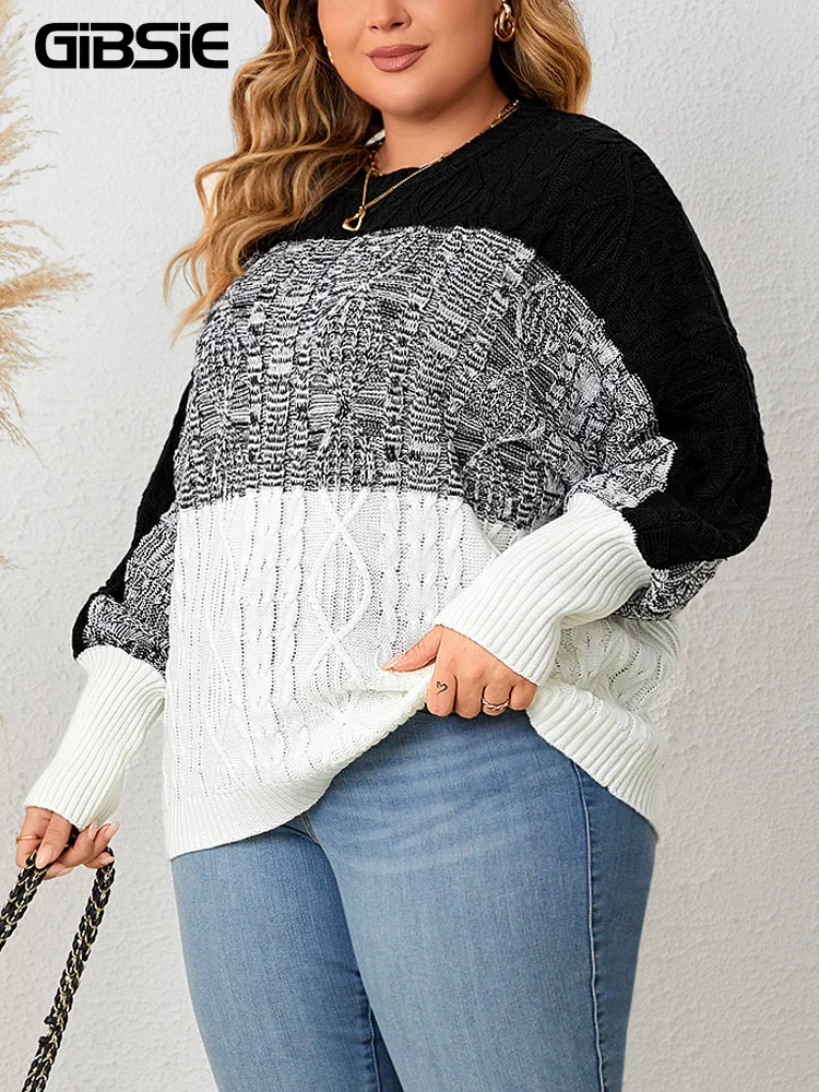 

GIBSIE Plus Size Casual Knitted Sweater Pullovers For Women Fashion Colorblock Long Sleeve Tops 2023 Autumn Winter O-Neck Jumper