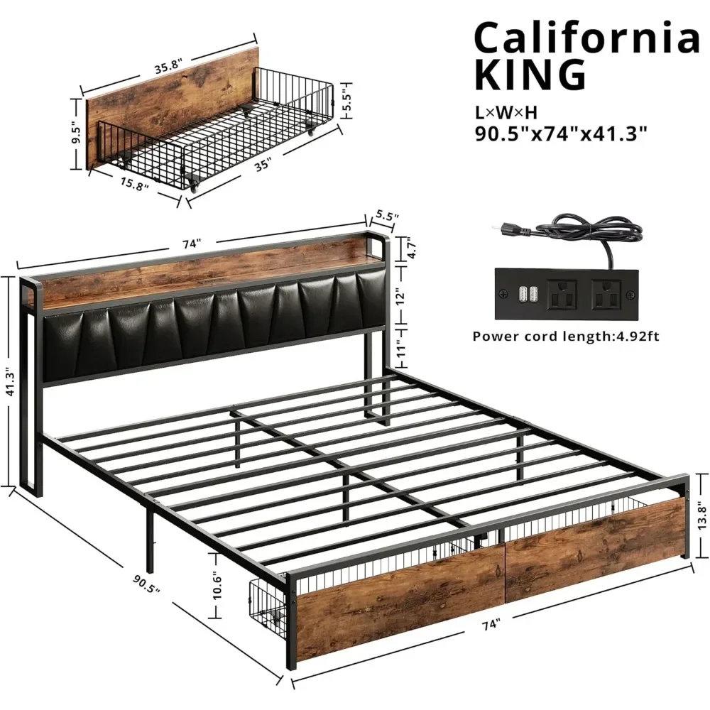 NEW-LIKIMIO California King Size Bed Frame, Storage Headboard with Charging Station, Platform Bed with Drawers, No Box Spring Ne