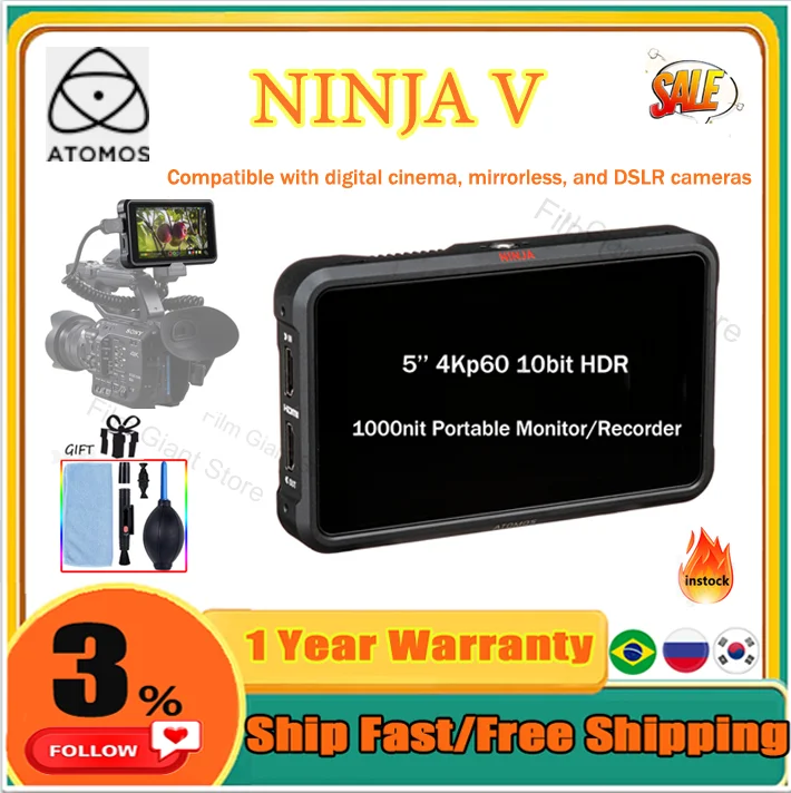 Atomos Ninja V 5 4K Recording Monitor 10bit HDR with 2 L-Series Batteries  Charger and Power Supply Adapter PORTABLE MONITOR