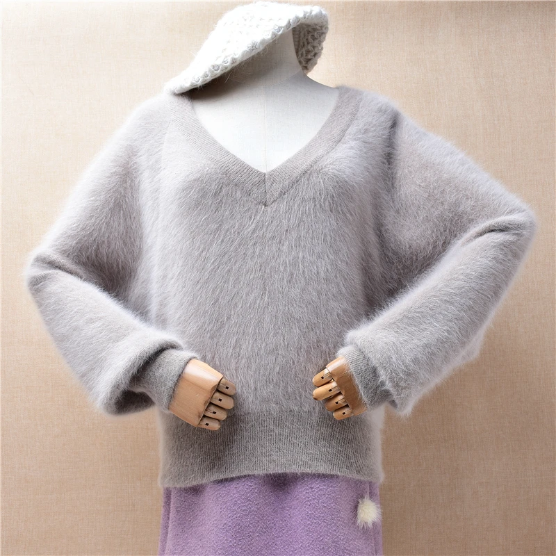 

Female Women Fall Winter Clothing Short Style Hairy Mink Cashmere Knitted Long Batwing Sleeves Loose Pullover Jumper Sweater Top