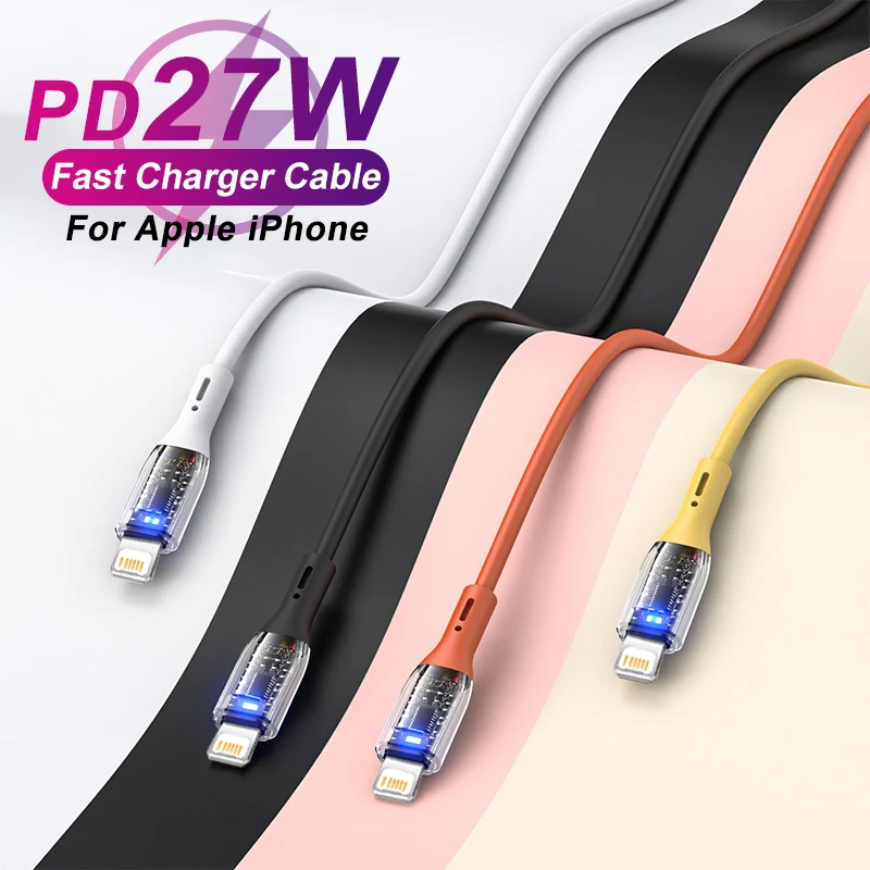 27 Вт прозрачный светодиодный кабель PD USB-C для Apple iPhone 14 13 12 11 pro Max быстрая зарядка x xs XR 8 7 6 plus аксессуары для кабельных телефонов