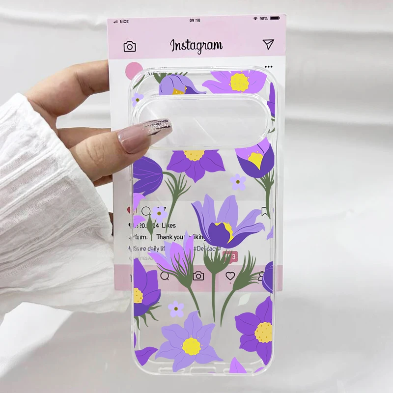 Retro Blue Leaf & Pink Rose Floral Clear Phone Case - Soft TPU Cover Shell