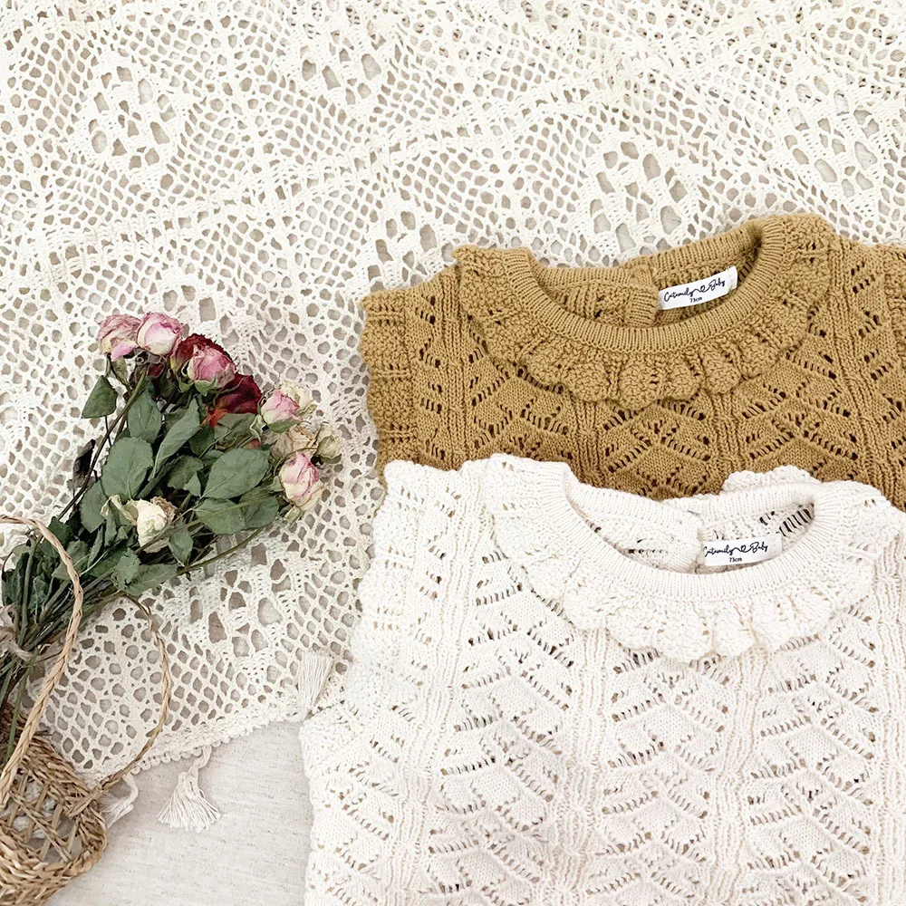 deer jonmi Spring Korean Style Baby Girls knitted Hollow Out Vests Sleeveless Pullovers Tops Ruffles Kids Cotton Waistcoats