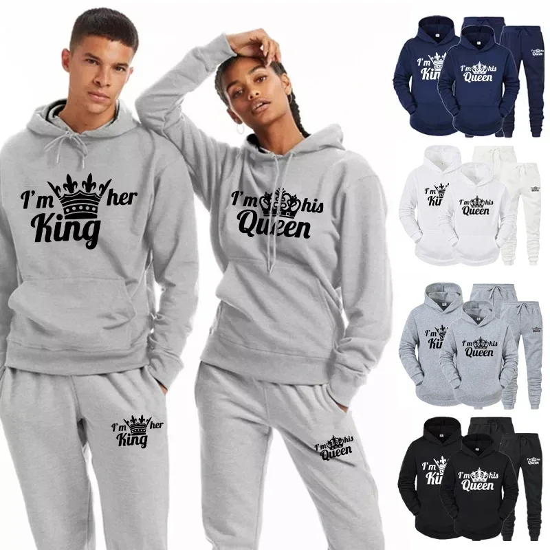 

Couple Tracksuit King Queen Print Hoodies Set Sweatshirt Sportswear Hooded Pullover Suits Lover Hoodie and Pants 2 Pieces