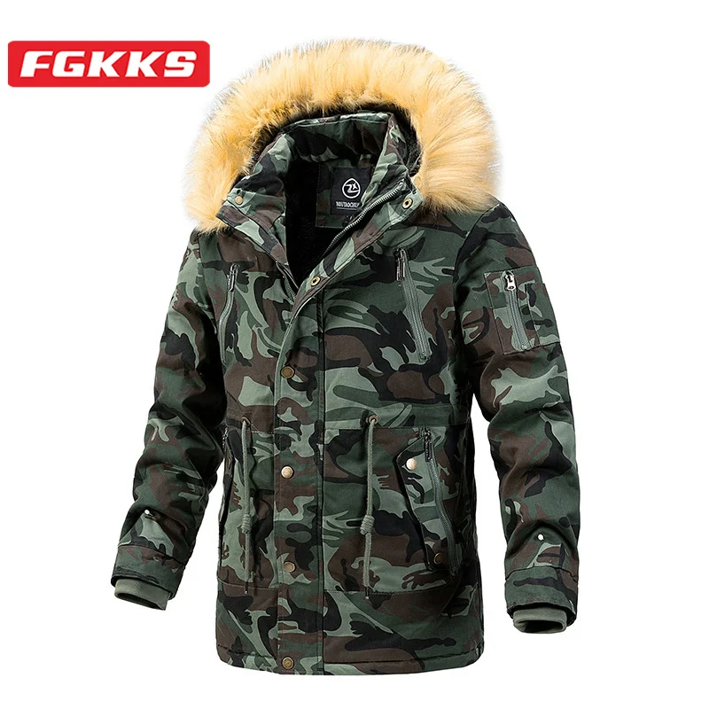 

FGKKS 2023 Outdoor Casual Parka For Men Pure Cotton Hooded Camouflage Coat High Quality Design Hot Street Wear Parka For Men