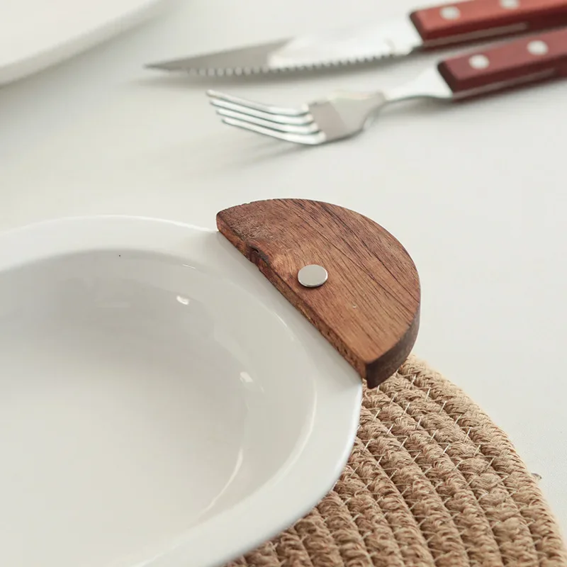 Acacia Wood Salad Bowl, Oval Ceramic Plate, Single-Serve Tableware, Fruit Bowl for Home, Exquisite Kitchen Tableware
