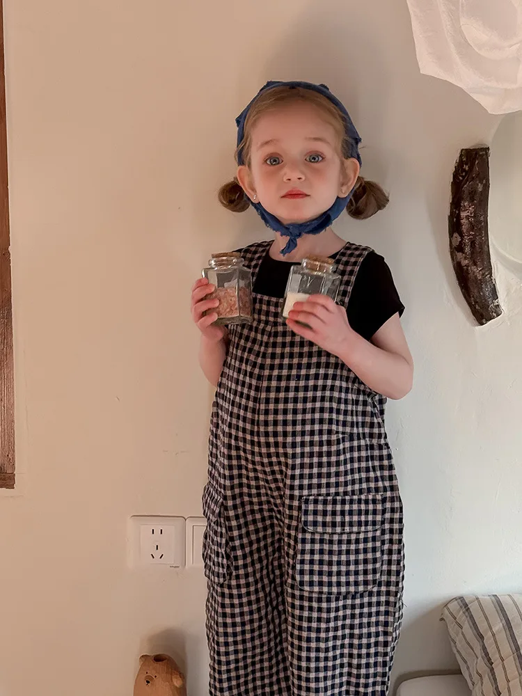 2025 Spring New Children Plaid Overalls Cotton Boys Thin Casual Pants Breathable Baby Girls Loose Strap Trousers Kids Clothes