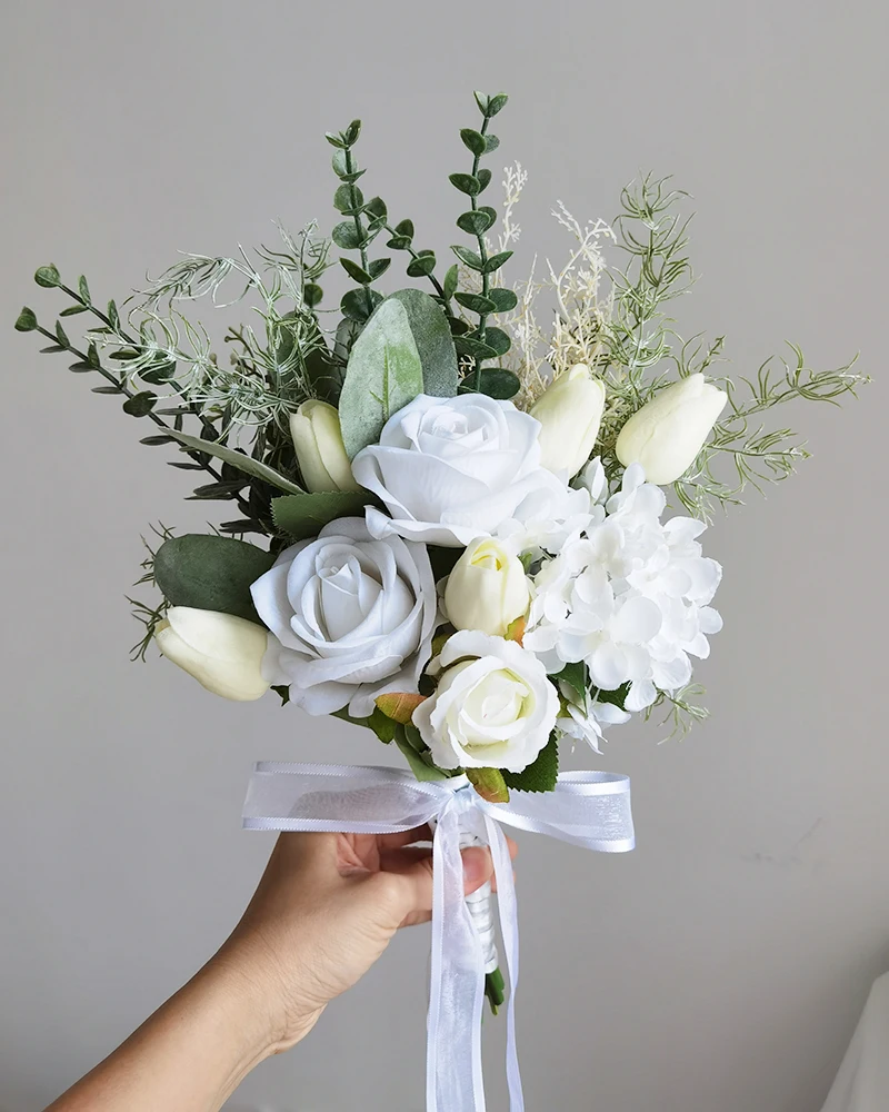 Artificial Wedding Flower Silk Rose Green Eucalyptus Leaves Bridal Bouquet Fake Flower for Wedding Table Party Bridesmaid wedding bouquets artificial rose flowers wedding flower decoration