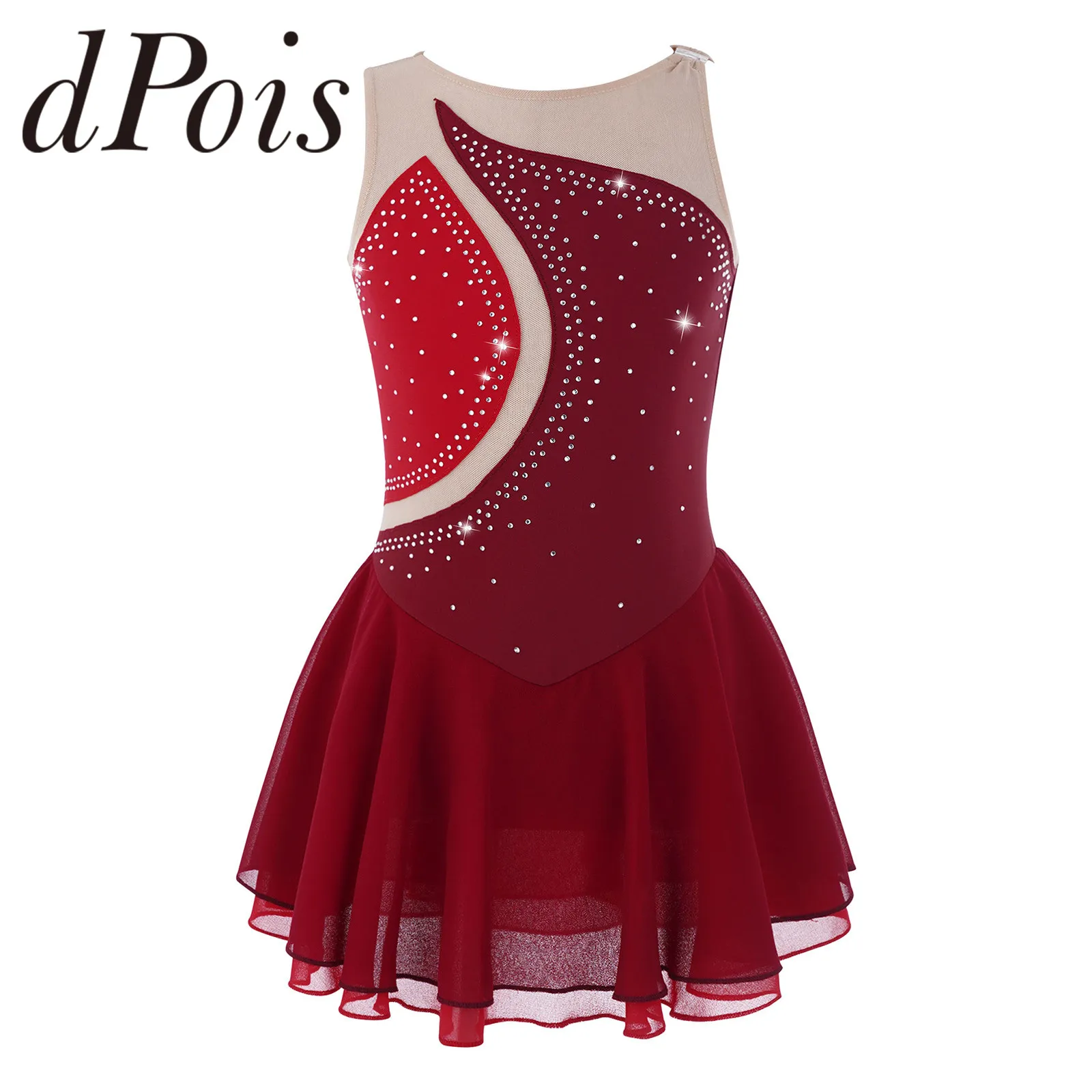 Kids Figure Ice Skating Dress Child Girls Rhinestone Gymnastics Leotard Ballroom Ballet Dance Costume Performance Clothing