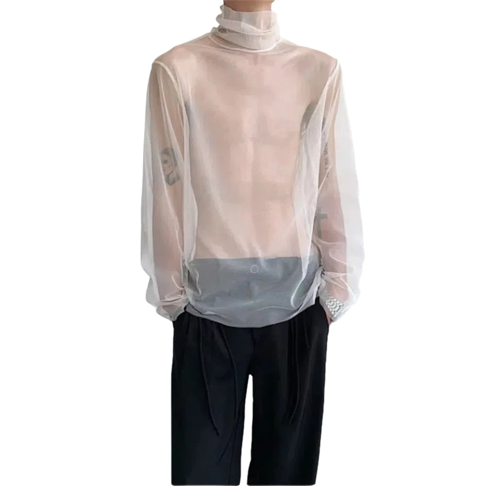 Description Picture 6 of itemChic See-through Transparent T-shirt Streetwear High Collar Long Sleeve T-shirt Undershirt Solid Color Mesh Top Men Nightclub